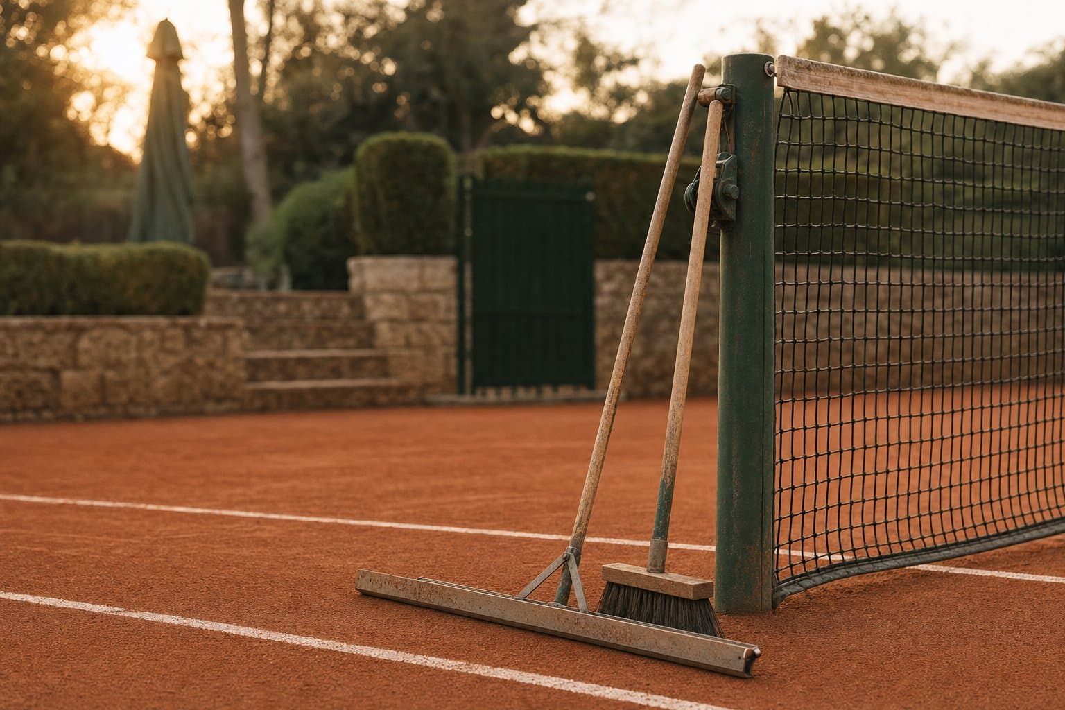 A court squeegee leaning against the net post of a clay court after maintenance.