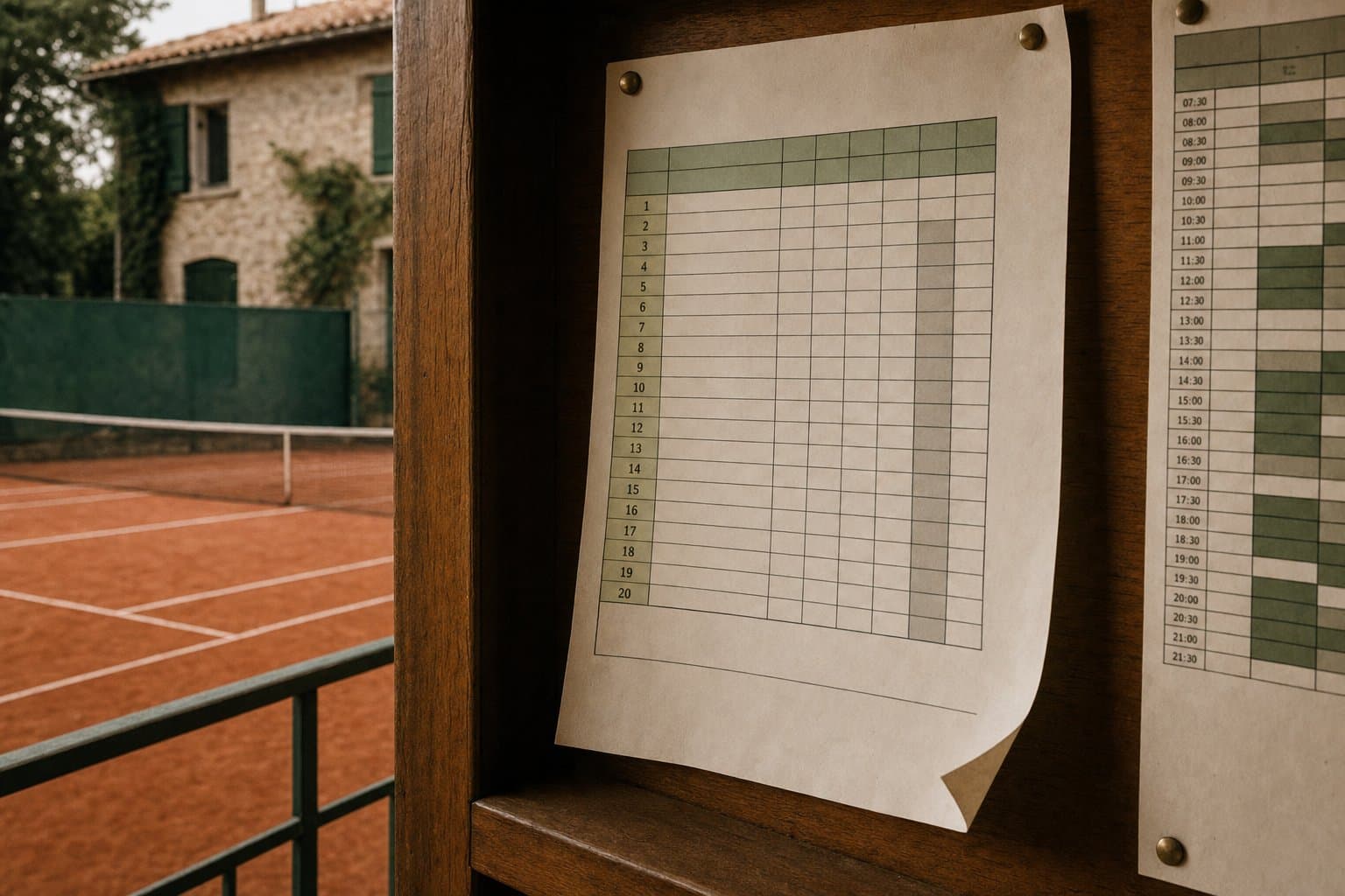 A printed ladder standings sheet pinned to a tennis club noticeboard beside a court schedule.