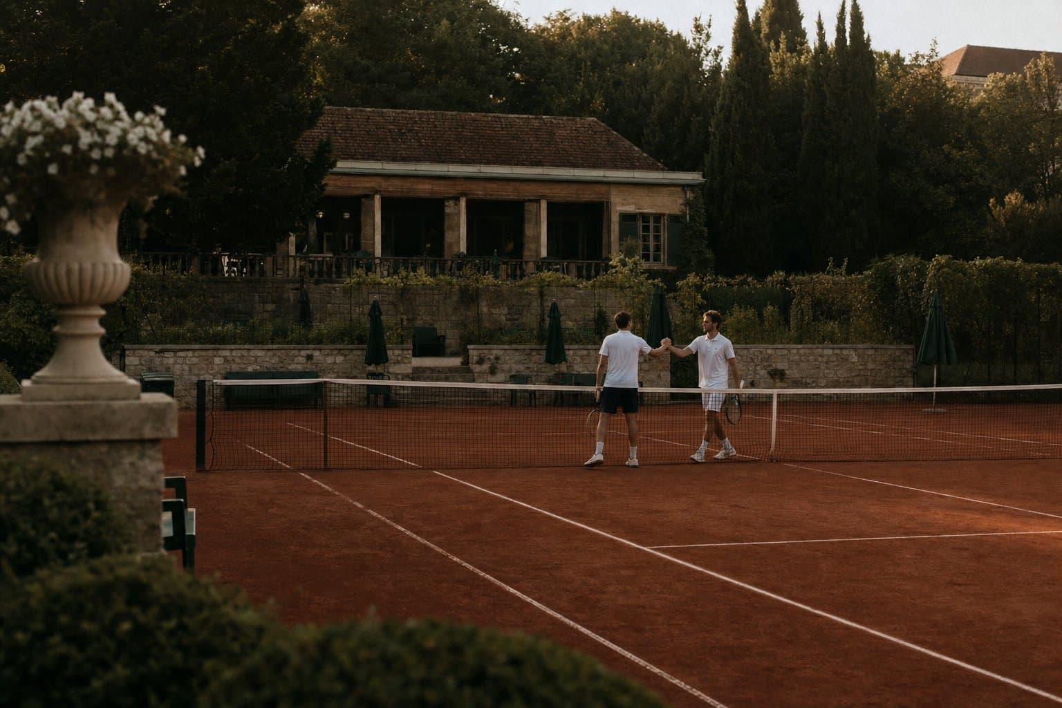 Two players meeting at the net of a clay court after a singles match, late afternoon light.
