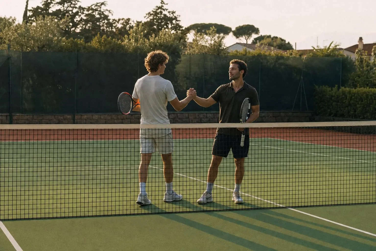 Two players shaking hands over the net after a match on a clay court